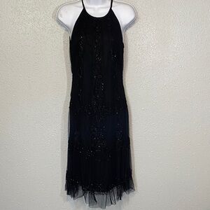 VNTG Stenay Halter Neck Beaded Black Lace Midi Dress with Sheer Mesh Overlay